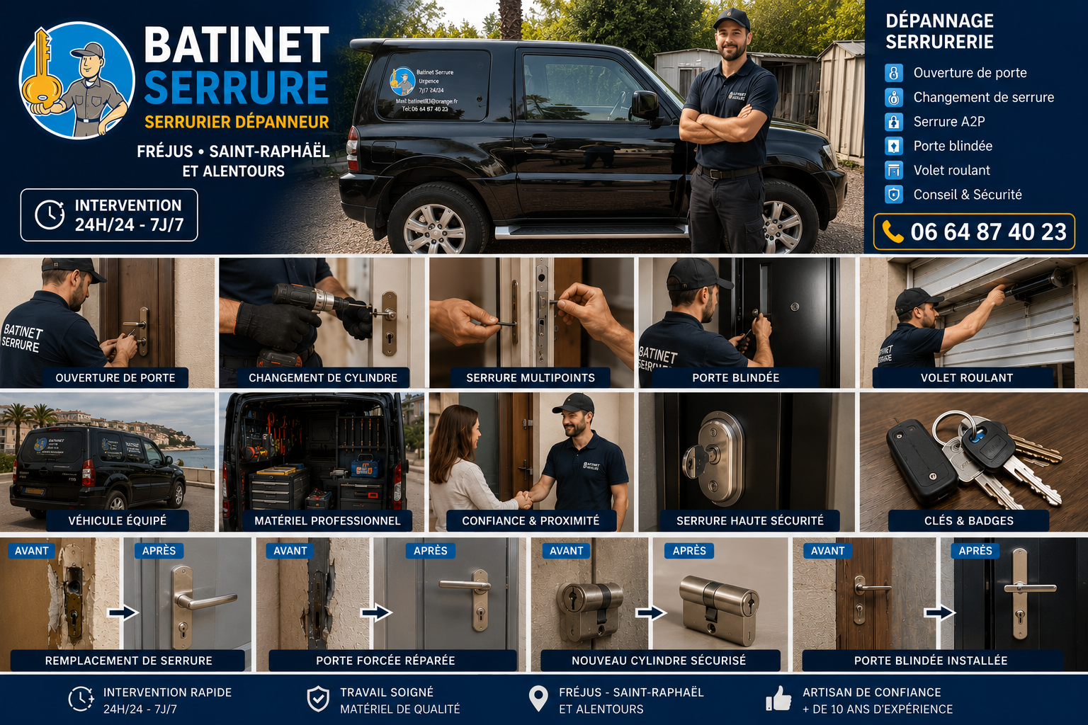 Collage des services Batinet Serrure : dépannage serrurerie, ouverture de porte, changement de serrure, blindage et volet roulant à Fréjus
